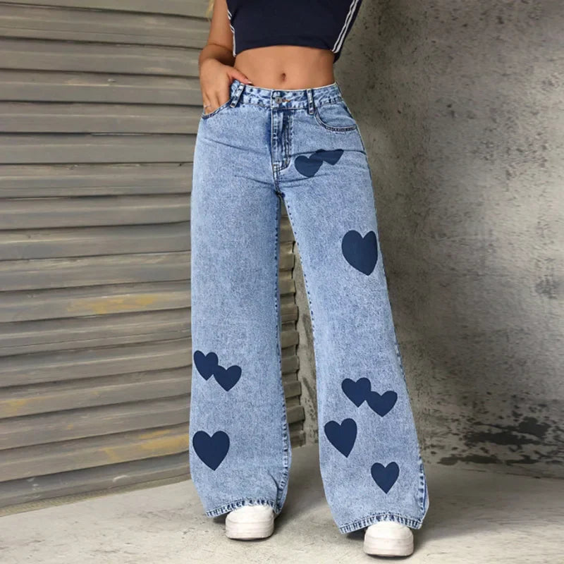 2000s Heart Print Mid-Waisted Relaxed Denim