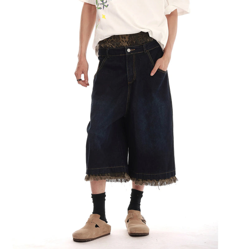 Woodland Mosaic Wide Leg Denim Shorts