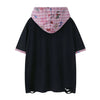 Visual Print Hooded Short Sleeve Ripped T-Shirt