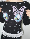 Sweet Cartoon Imprinted Slash Long Sleeve T-Shirt