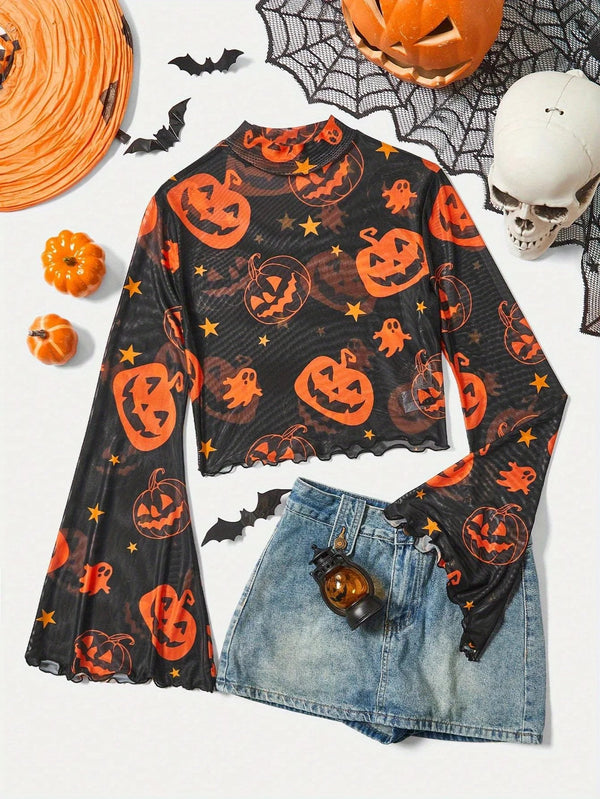 Halloween Pumpkin Pattern Mesh Freedom-State T-Shirt alternatif görünüm