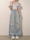 Women High-Rise Torn Tie Mosaic Denim