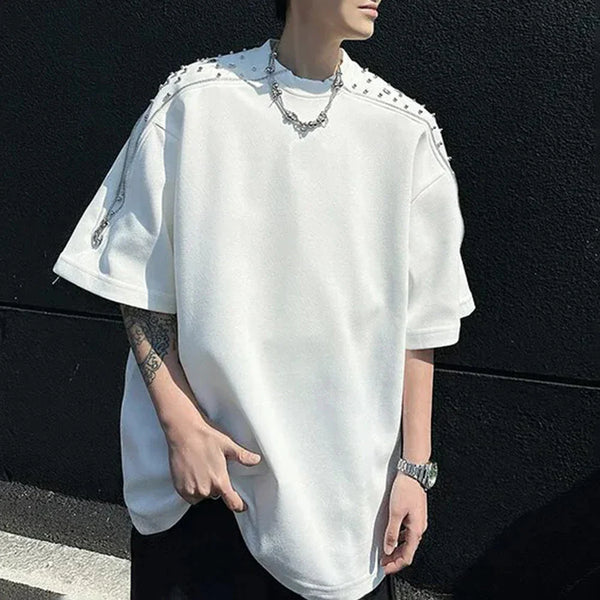 Pad Shoulder Zipper Beaded Rhinestone T-Shirt
