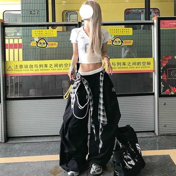Charcoal Plaid Wide Street Pants alternatif görünüm