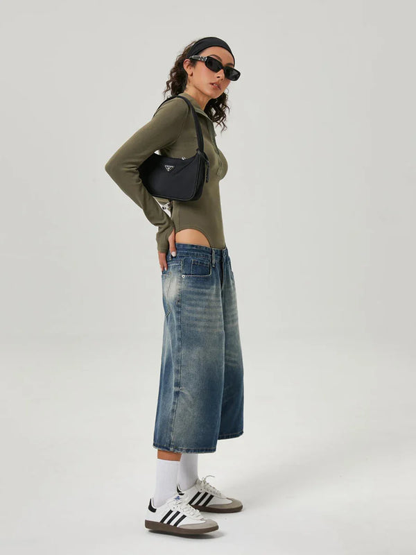 Timeless Rinse Ombre Wide Leg Denim Shorts alternatif görünüm