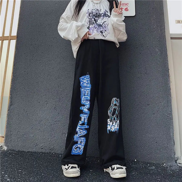 Vintage Wide Leg Anime Baskılı Jogger alternatif görünüm