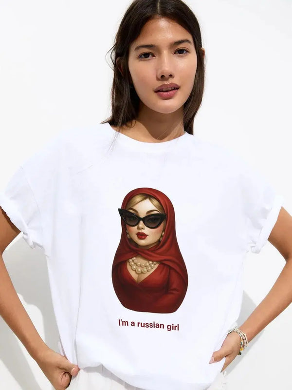 Versatile Heartland Style Cartoon Print Everyday T-Shirt alternatif görünüm
