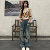 2000s Torn Hole-Knee Relaxed Denim