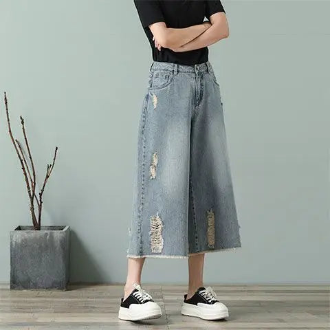 High-Rise Torn Wide Leg Denim Shorts