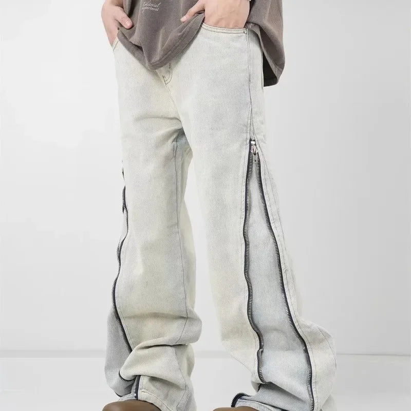 Wide Zipper Bell-Leg Denim