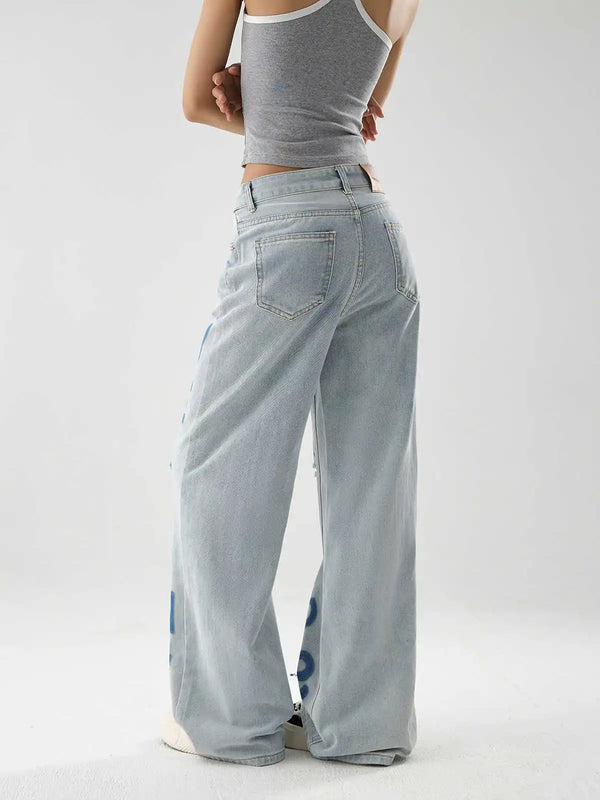 Western Style Oversized Torn Printed Blue Denim alternatif görünüm