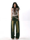 Sexy Designed Print Sleeveless Midriff T-Shirt