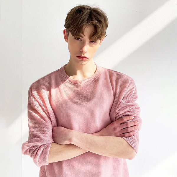 Knitted Neck Round Handsome Elegant Pink T-Shirt alternatif görünüm