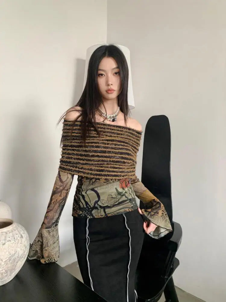 Knit Mesh Sleeve Flare Folk T-Shirt
