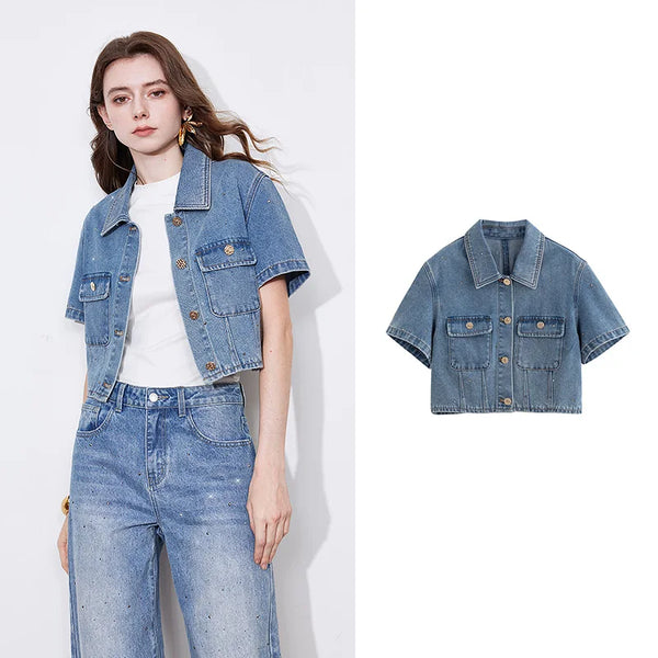 Crystal Short Sleeve Denim Jacket alternatif görünüm
