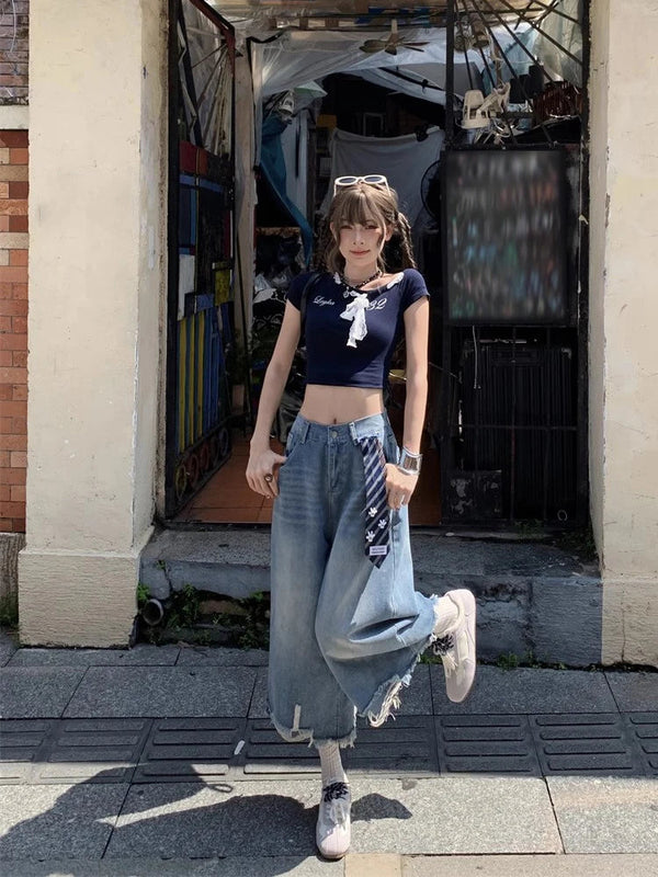 2000s Mosaic Tie Faded Denim Shorts alternatif görünüm