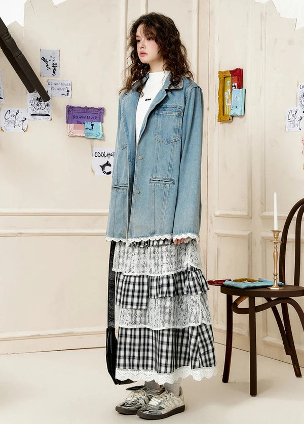 Lace Trim Oversized Denim Classic Field Jacket alternatif görünüm