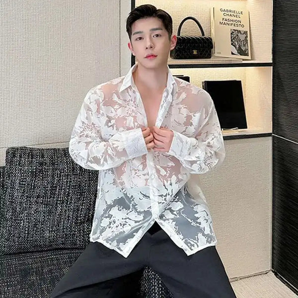 Sheer Panel Print Mens Long Shirt alternatif görünüm