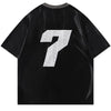 Sewn-Detail Washed-Out V-Neck Checkered-Flag Polyester T-Shirt
