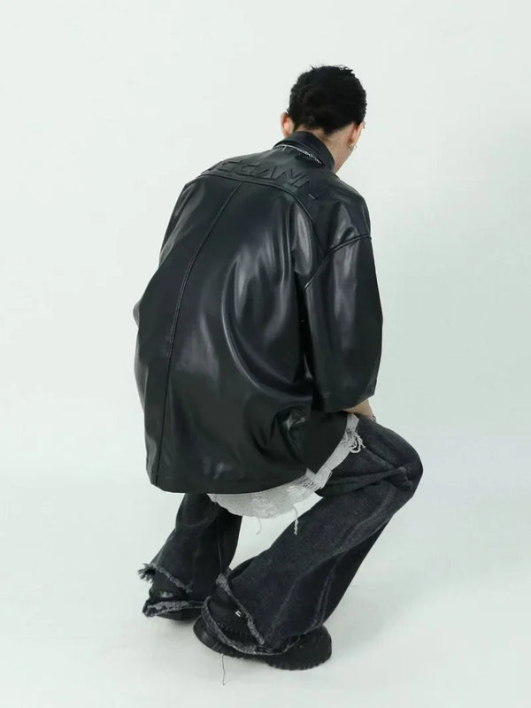 Embossed Faux Leather Black Short Shirt alternatif görünüm