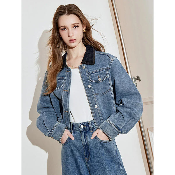 Contrast Spring Button Denim Jacket alternatif görünüm