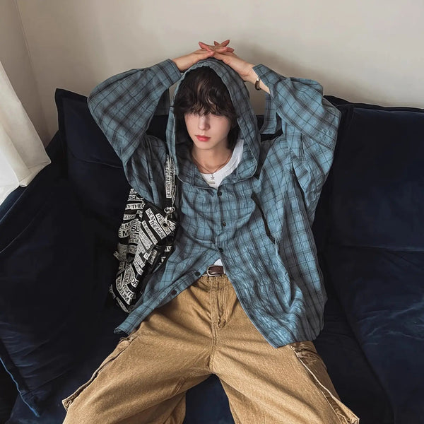 Hood-Top Plaid Casual Long Shirt alternatif görünüm