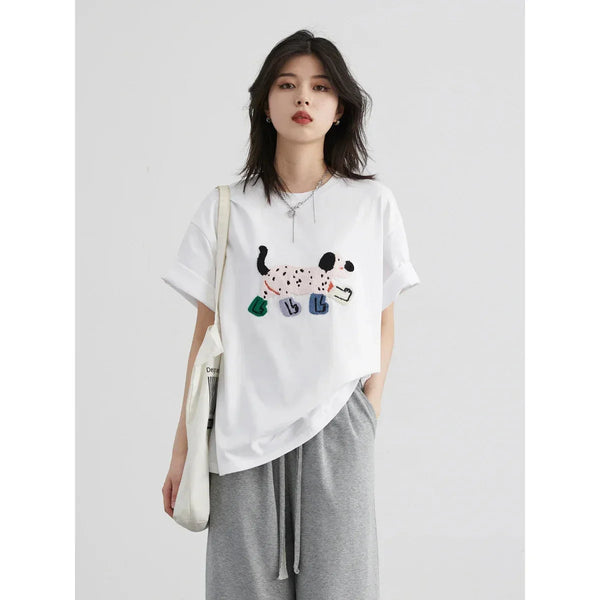 Pup-Print Sewn-Detail Laid-Back Short T-Shirt