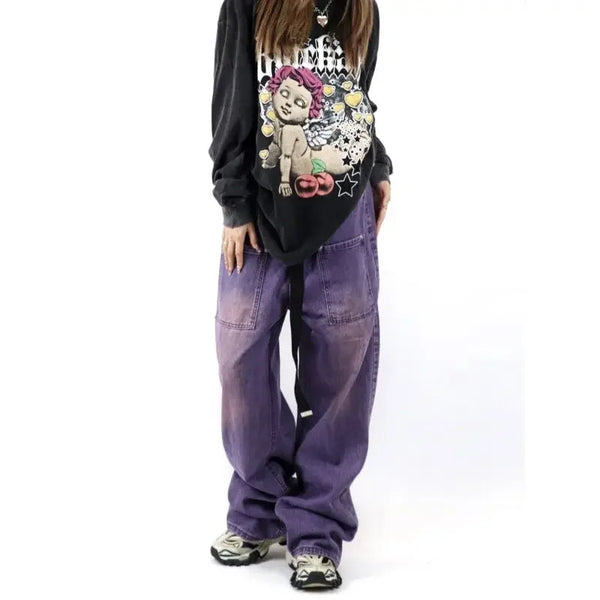 Purple Oversized Bell Leg Utility Denim alternatif görünüm