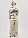 Horizontal-Lines Print Long Sleeve Hooded T-Shirt
