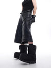 Sharp Black PU Leather Knee Denim Shorts