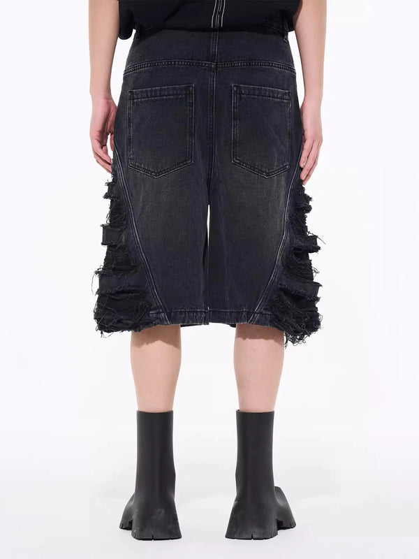 Side-Torn Rinse Denim Shorts alternatif görünüm