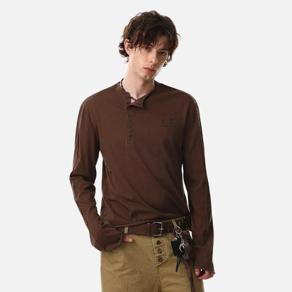 Collar Henley Button Print Chic T-Shirt