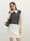 Women Everyday Line-Pattern Knit Sleeveless Button Collar T-Shirt