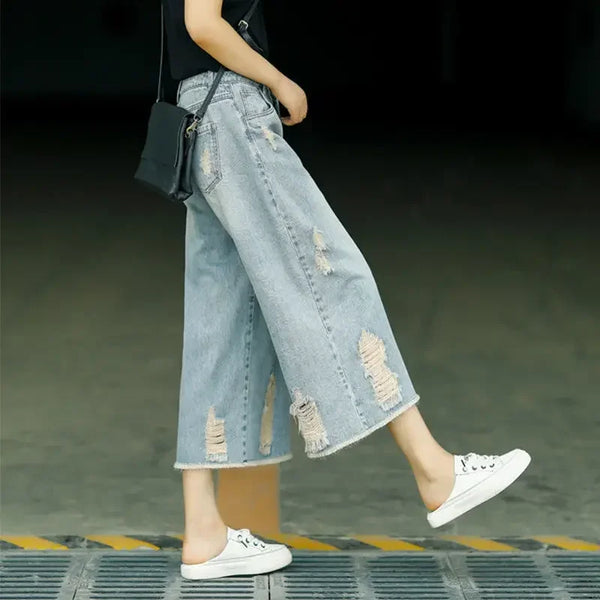 High-Rise Torn Capri Denim Shorts