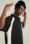 Digital-Age Distress-Washed Contrast Color Placket-Neck T-Shirt