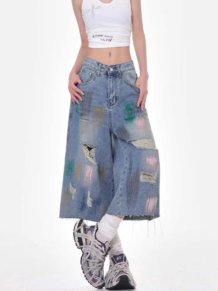 Boyfriend Graphic Torn Sleek Denim Shorts