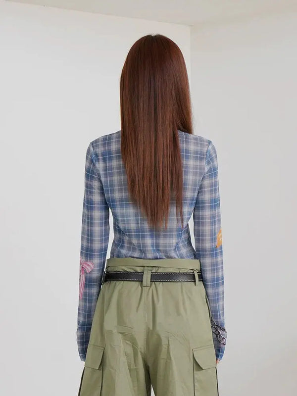 Blue Plaid Visual Long Sleeve T-Shirt alternatif görünüm