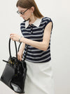 Women Everyday Line-Pattern Knit Sleeveless Button Collar T-Shirt