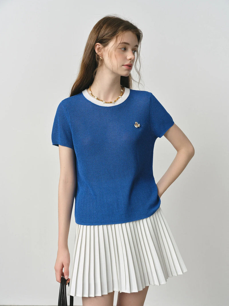 Women Old School Everyday Blue Nautical Style Knit T-Shirt