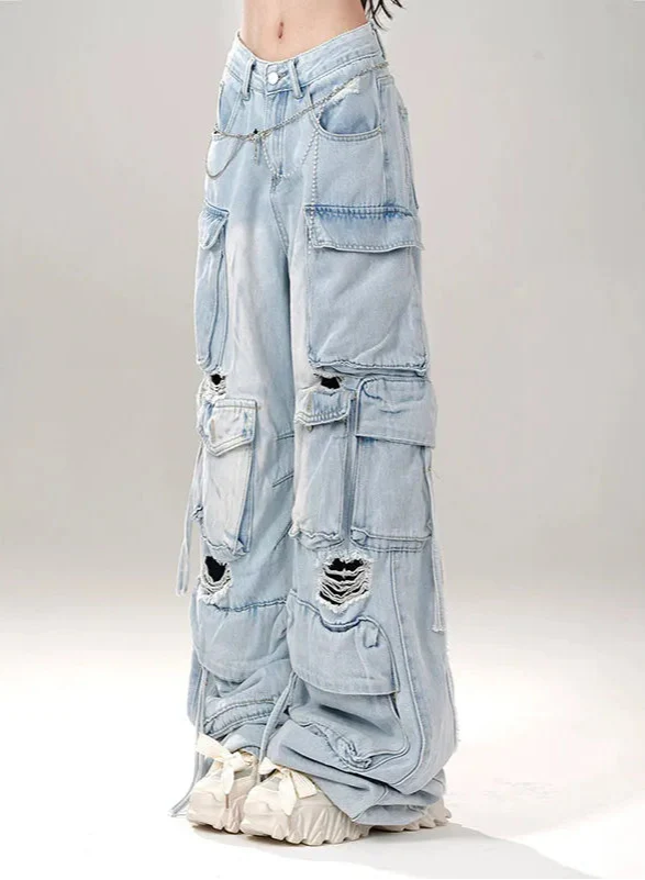 Breathable 2000s 90s Style Oversized Torn Utility Denim alternatif görünüm