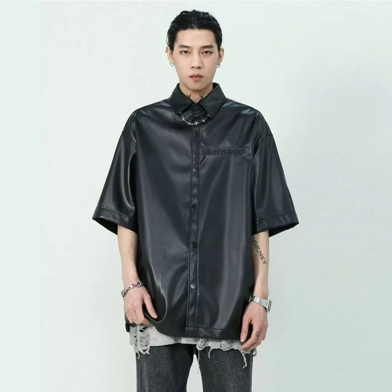 Embossed Faux Leather Black Short Shirt