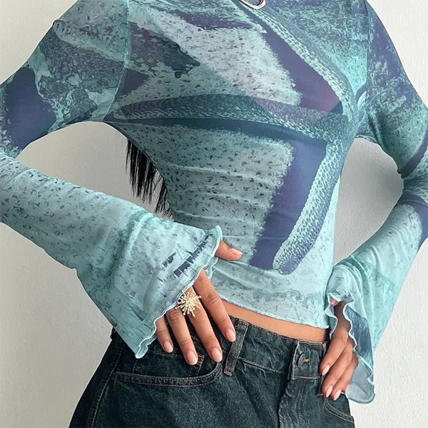 Women Blue Flare Sleeve Cropped T-Shirt alternatif görünüm