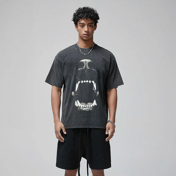 Boxy-Fit Animal Teeth Illustrated Black T-Shirt alternatif görünüm