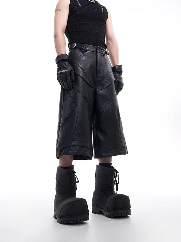 Sharp Black PU Leather Knee Denim Shorts alternatif görünüm