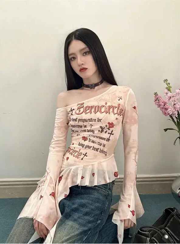 Shoulder Off Mesh Sleeve Flare T-Shirt alternatif görünüm