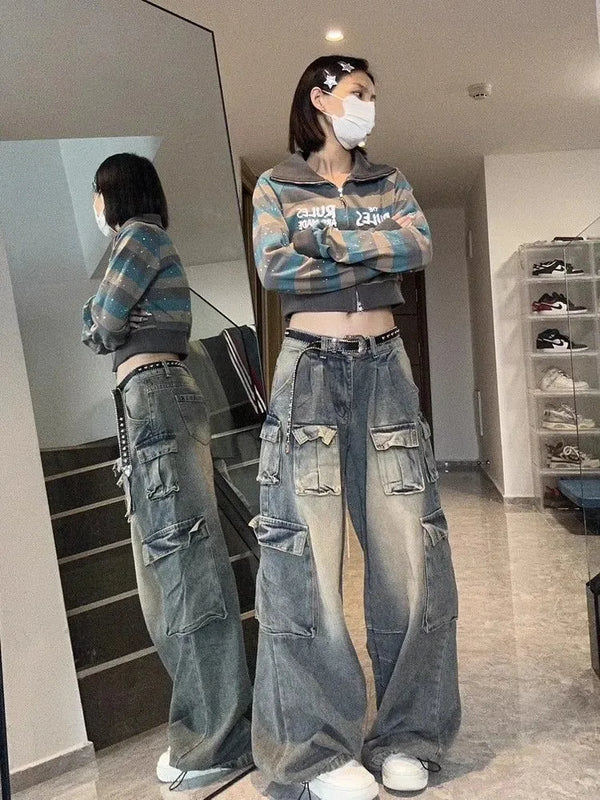 Worn Relaxed Korean Women Street Pants alternatif görünüm
