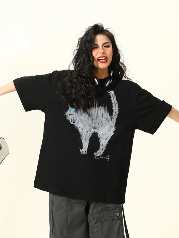 Nostalgia All-American Feline Cartoon Print T-Shirt alternatif görünüm