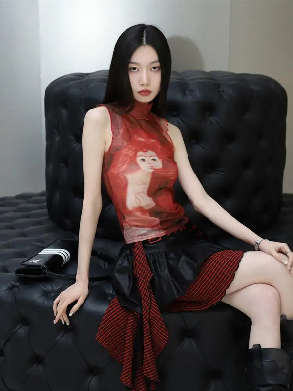 Strong-Graphic Red Mesh Print Tank T-Shirt alternatif görünüm