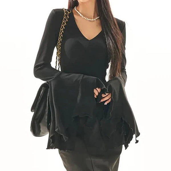Obsidian Flare Sleeve V-Neck Blouses T-Shirt alternatif görünüm