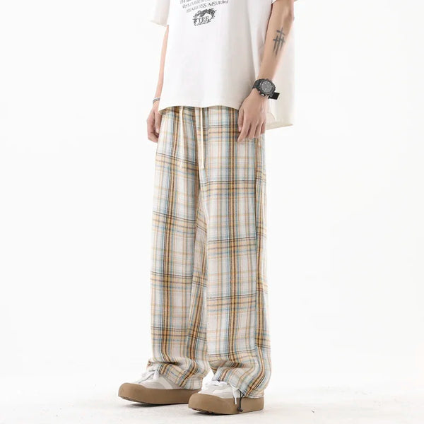Plaid Cord Straight Trousers